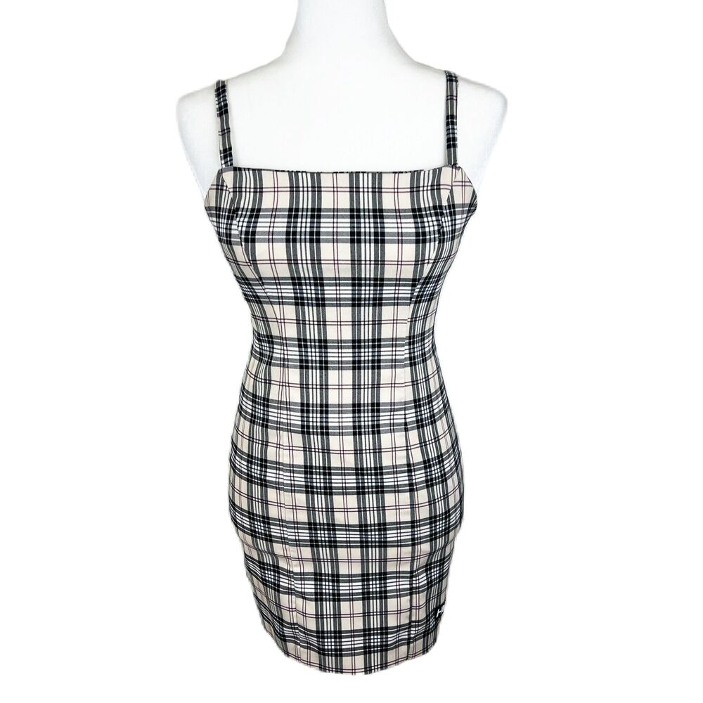 Hide and Seek Dress Women Small Cream Plaid Slim Fit Sleeveless Square Neck Mini